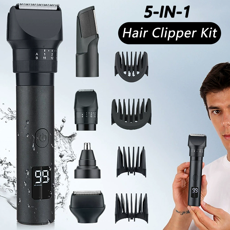 Grooming Kit - 5-in-1 Kabelloser Haarschneider mit LED-Display, Bart-/Nasentrimmer